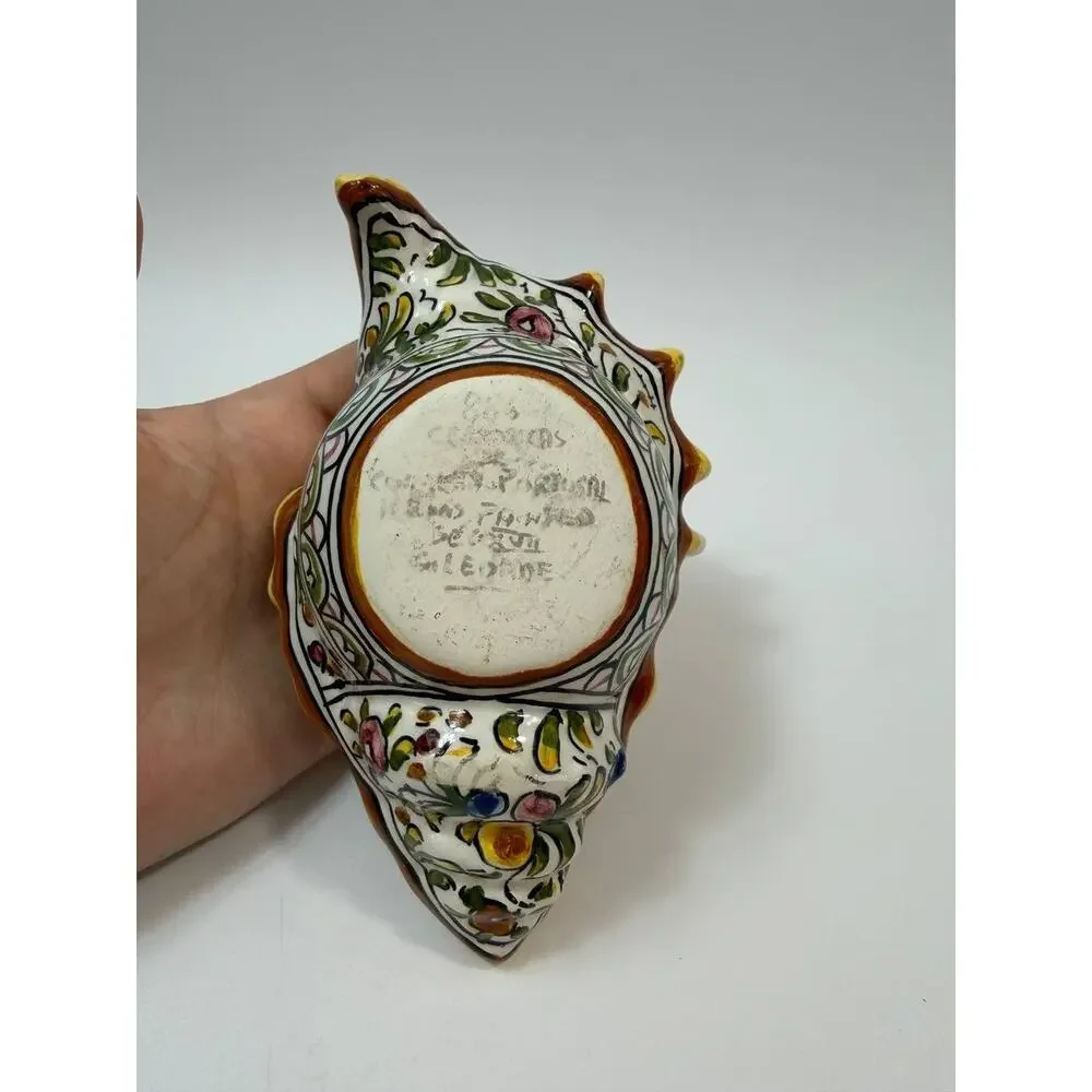 Italian Pottery Cornucopia Vase Hand Painted Ceramic Floral Italy Signed